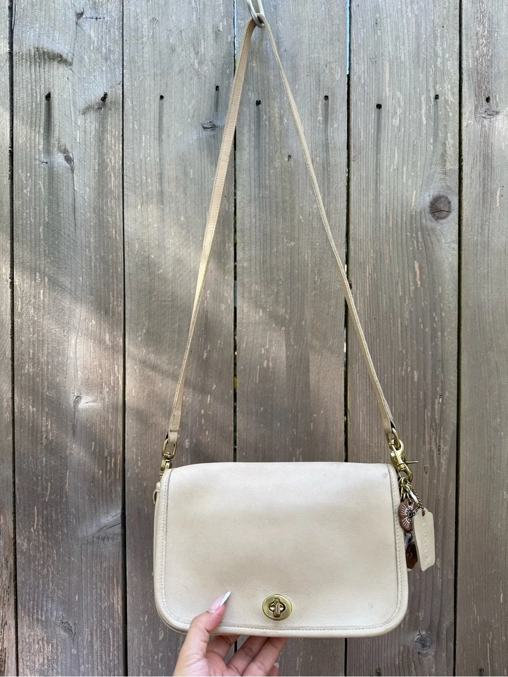 Coach Leather Crossbody Shoulder Bag in Cream with Floral Charm